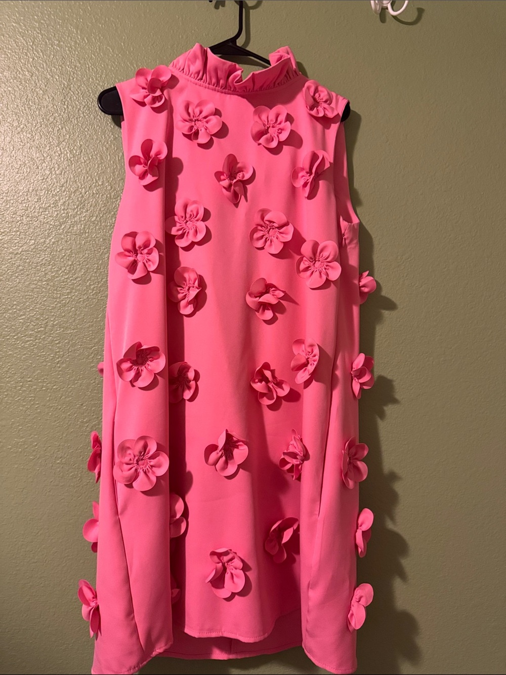 Pink Floral Appliqué Dress - Sleeveless Ruffle Neck